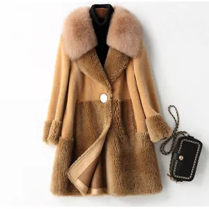 Women's Winter Thick V-Neck Long Coat With Fox Fur