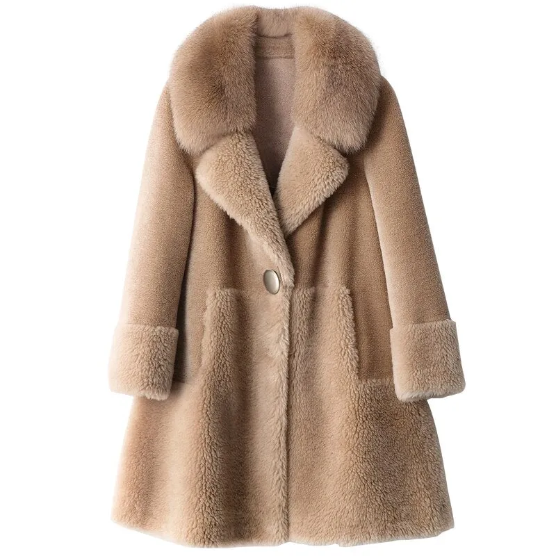 Women's Winter Thick V-Neck Long Coat With Fox Fur